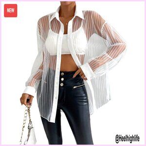 Oversized Sheer Mesh Button-Down Blouse Long Sleeve Loose Fit